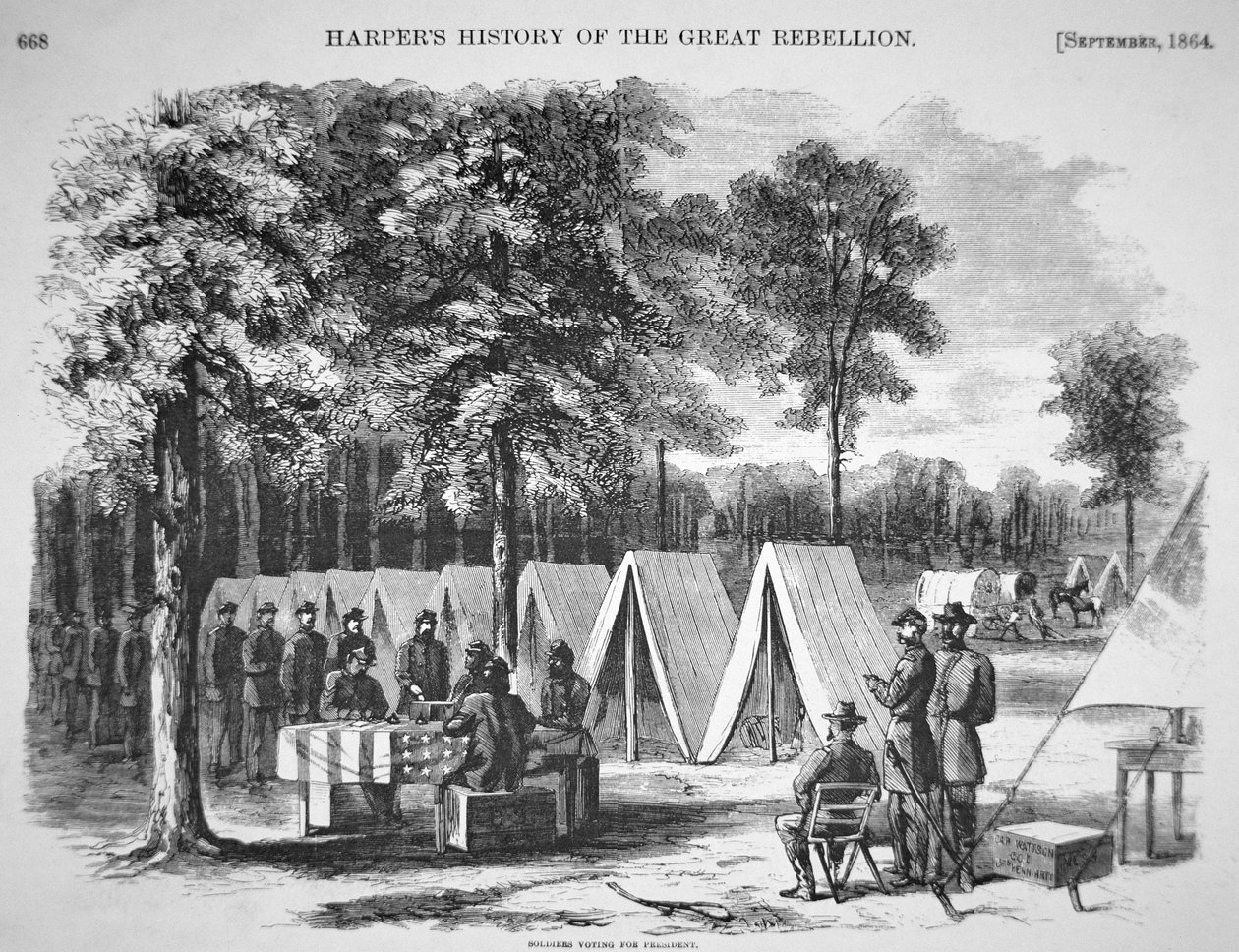 Pennsylvania-soldater, der stemmer i hovedkvarteret i James-hæren i september 1864, fra "Harper