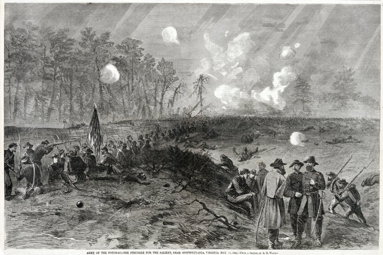 Army of the Potomac - Kampen om de fremtrædende, nær Spottsylvania, Virginia. 12. maj 1864 fra Harpers Weekly, pub. 1864 af Alfred Rudolph Waud