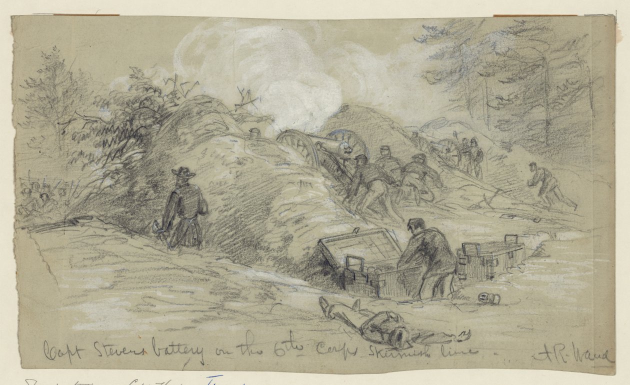 Capt. Stevens batteri på 6. Corps Skirmish -linje af Alfred Rudolph Waud