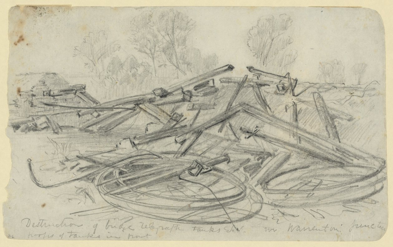 Ødelæggelse af brotelegraftanke osv. I Warrenton Junction af Alfred Rudolph Waud