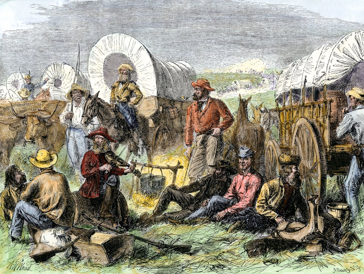 Historien om nybyggerne i West Conquete: Amerikanske pionerer. Rejsendes lejr ved Nattens Grav nær Diligences, USA. Farverigt kobberstik fra det 19. århundrede. af Alfred Rudolph Waud