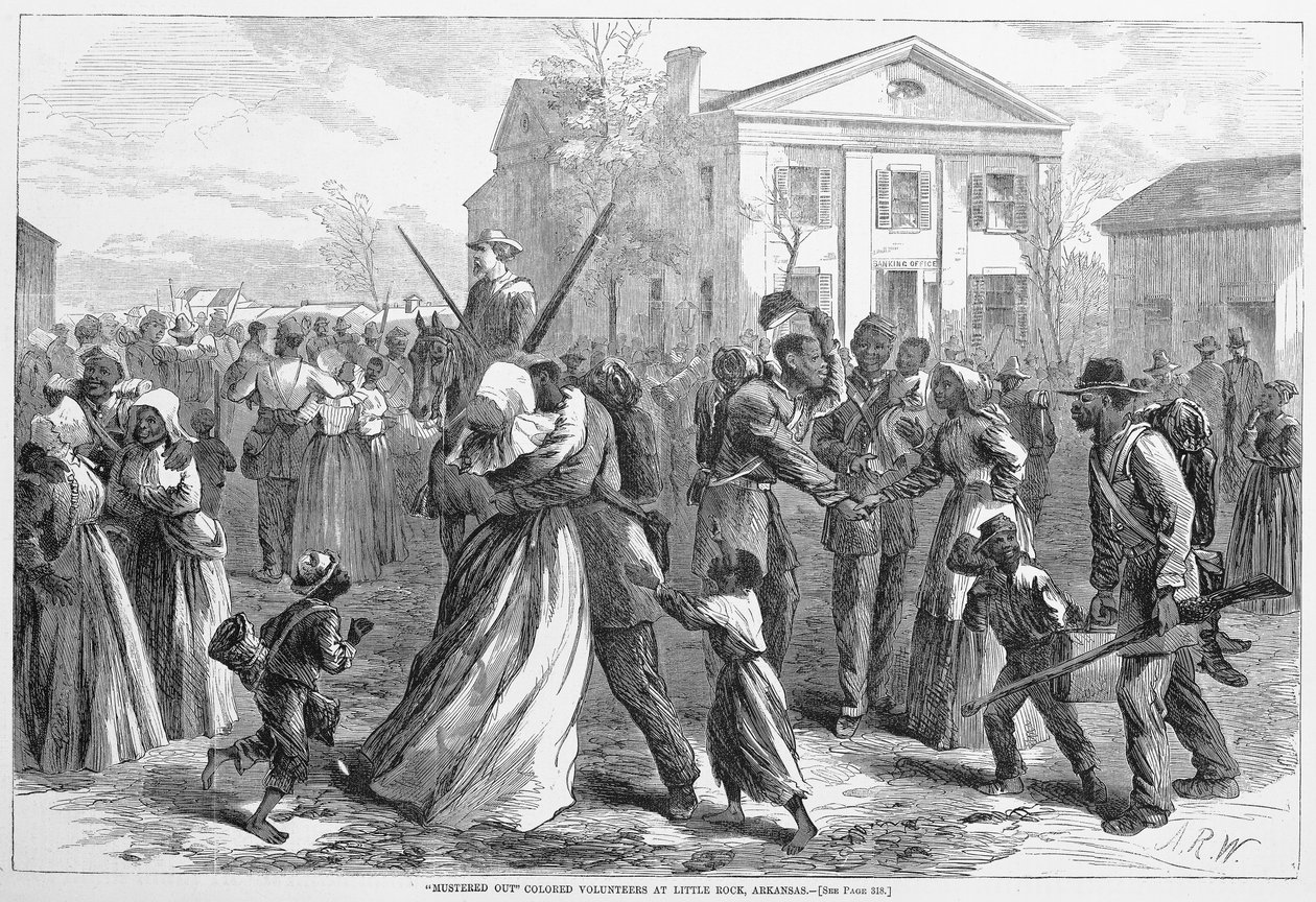 Mustered Out Colored frivillige i Little Rock, Arkansas, fra Harpers Weekly, pub. 1866 af Alfred Rudolph Waud