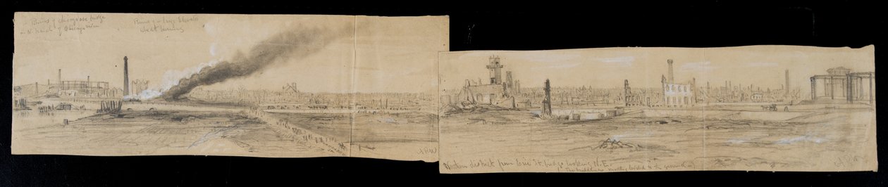 Det nordlige distrikt fra Erie Street Bridge, med udsigt mod øst, under Chicago-branden i 1871 (blyant og kridt på papir) af Alfred Rudolph Waud