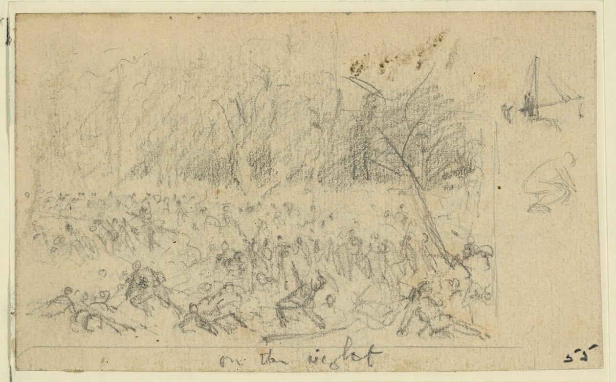 Grov skitse af en kampscene af Alfred Rudolph Waud