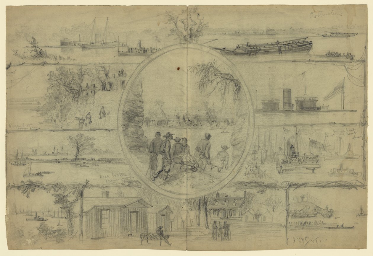 Scener forbundet med Dutch Gap Canal af Alfred Rudolph Waud