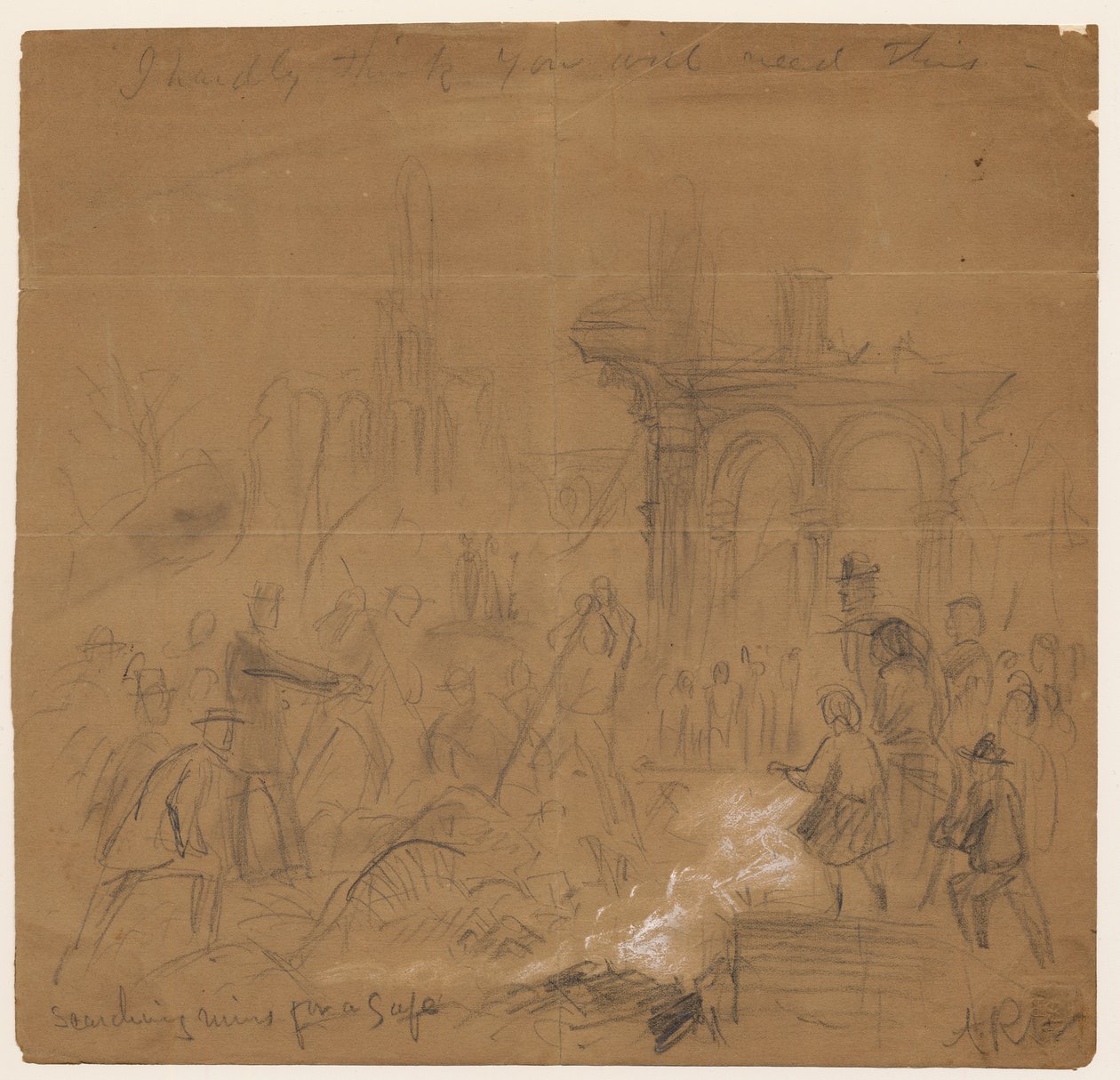 Søger ruiner efter et pengeskab efter Chicago-branden i 1871 (blyant og kridt på papir) af Alfred Rudolph Waud