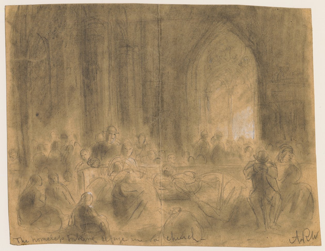 De hjemløse søgte tilflugt i en kirke under Chicago-branden i 1871 af Alfred Rudolph Waud