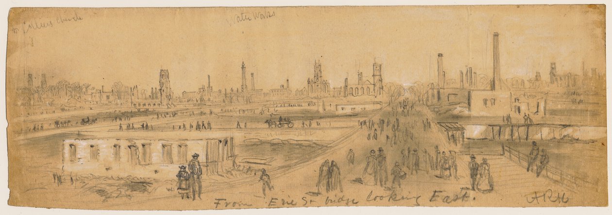 Udsigt fra Erie Street Bridge mod øst under Chicago-branden i 1871 af Alfred Rudolph Waud