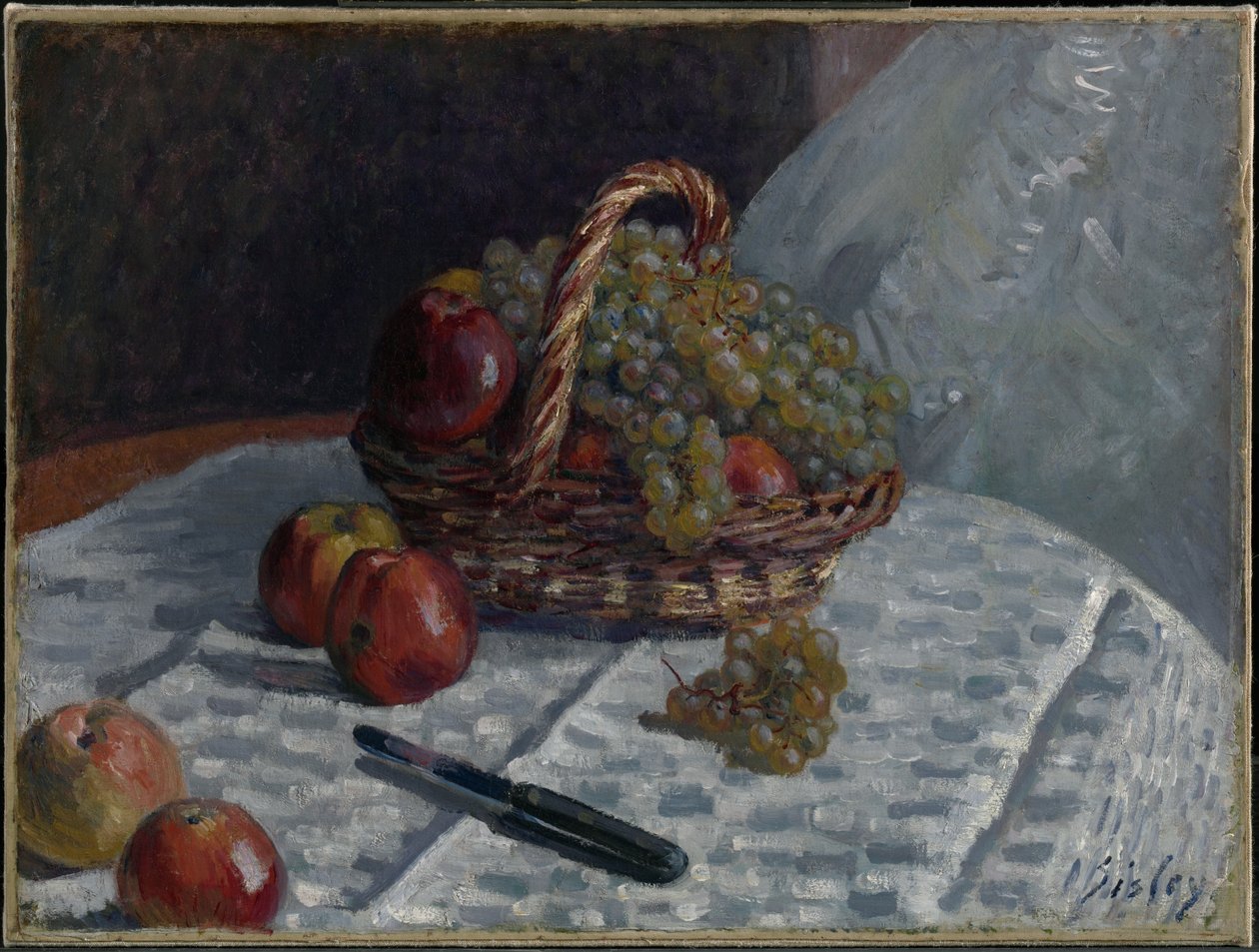 Æbler og druer i en kurv af Alfred Sisley