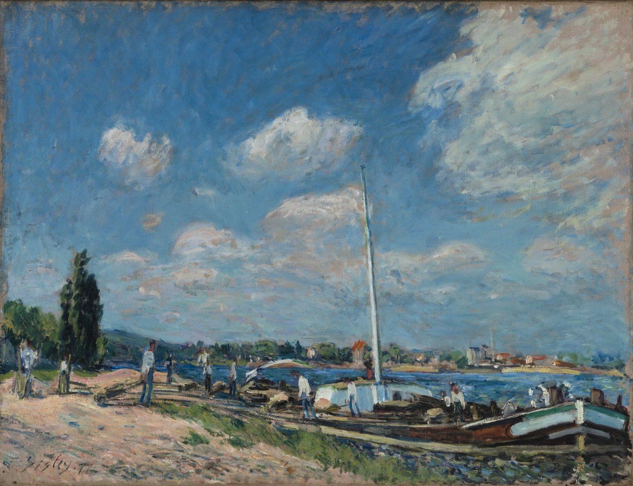 Fransk: Losning af pramme ved Billancourt af Alfred Sisley