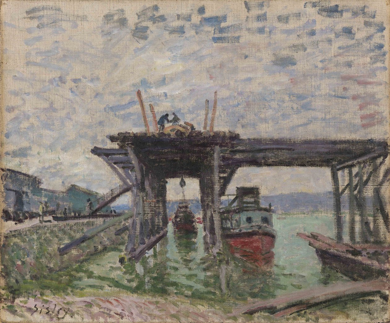 Tysk: Bro under opførelse The River Boat Garage af Alfred Sisley