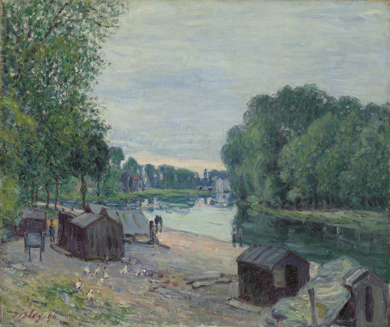 Hytter ved Udkanten af Loing; Cabanes au bord du Loing, 1896 af Alfred Sisley