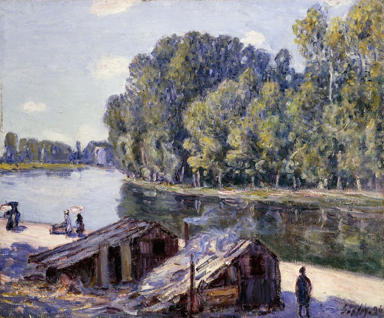 Hytter på kanten af ​​Canal du Loing med solen skinnende; Hytter på kanten af ​​Canal du Loing-Sun-effekten af Alfred Sisley
