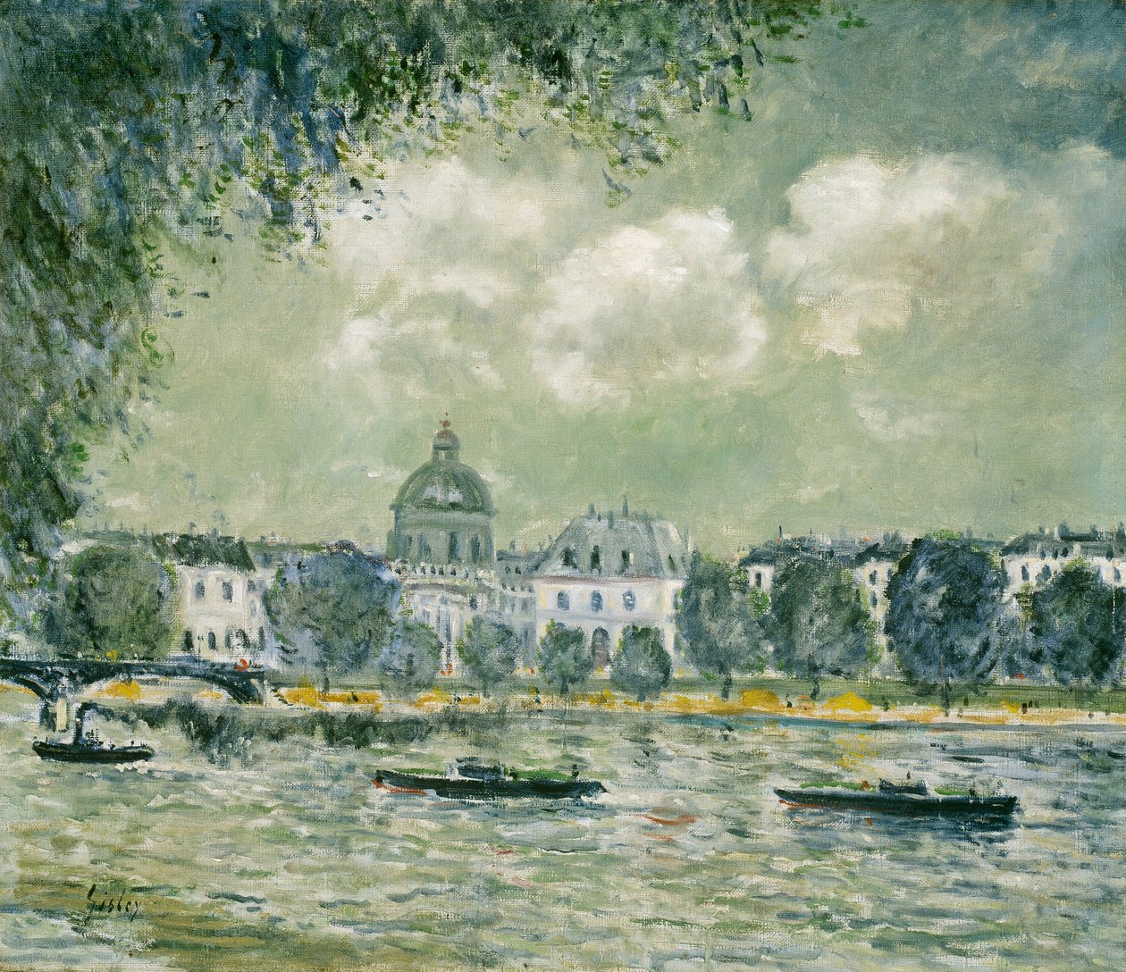 Landskab langs Seinen med Institut de France og Pont des Arts af Alfred Sisley