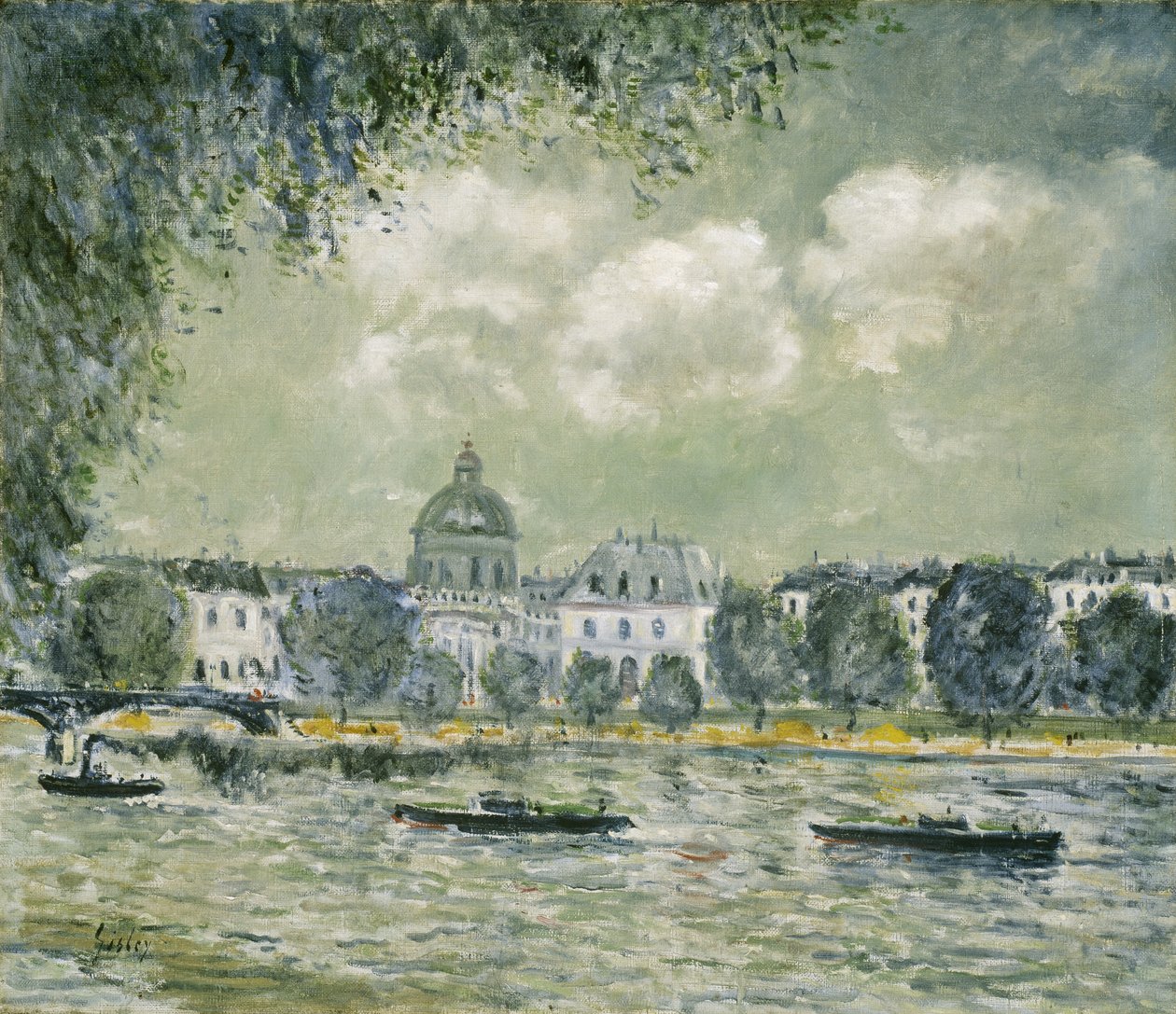 Landskab langs Seinen med Institut de France og Pont des Arts, ca. 1875 af Alfred Sisley