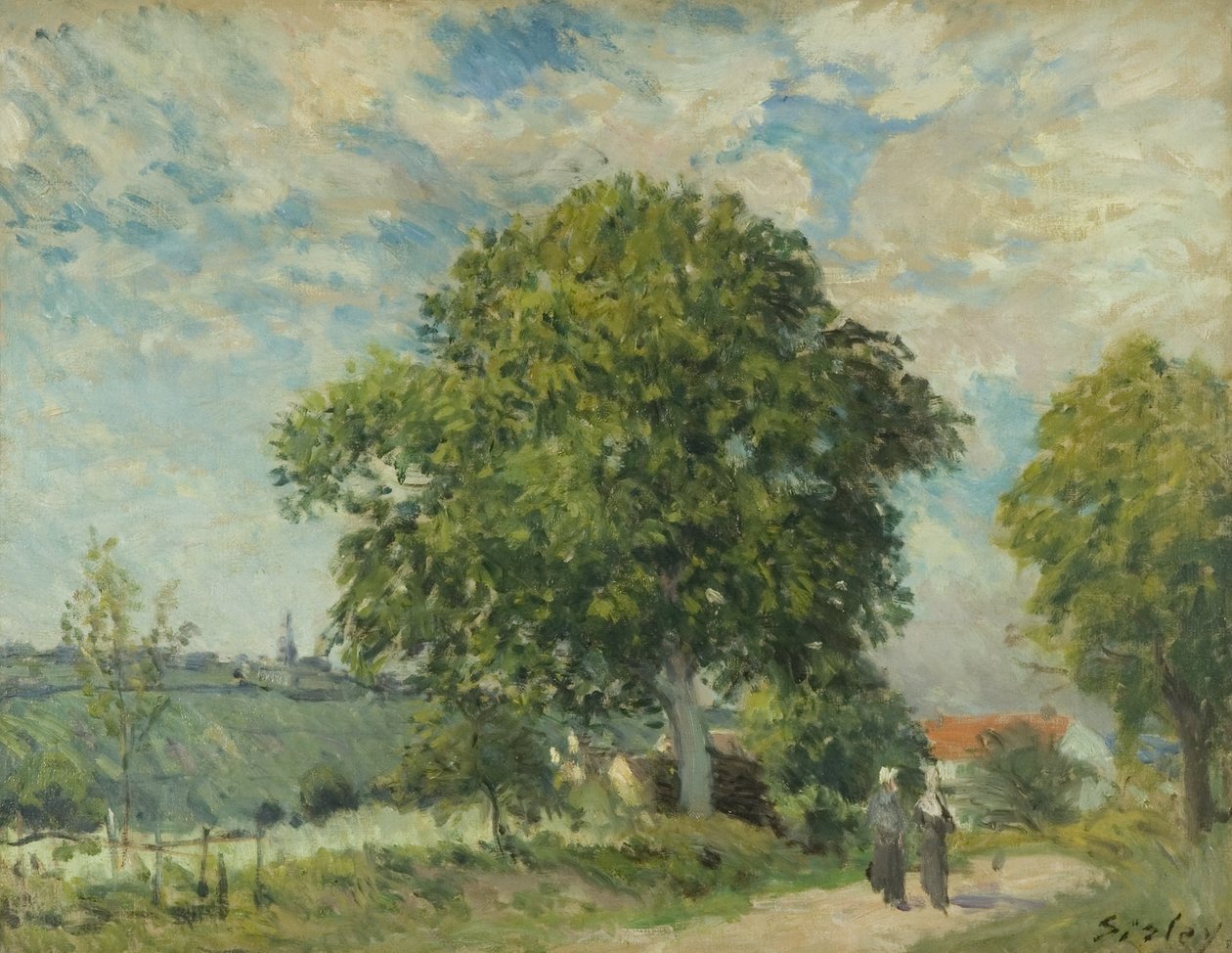 Indgangen til landsbyen, ca. 1880 (olie på lærred) af Alfred Sisley