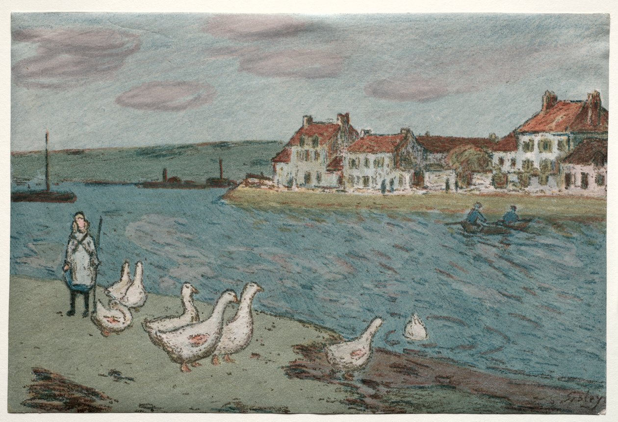 Flodbredden eller gæs af Alfred Sisley