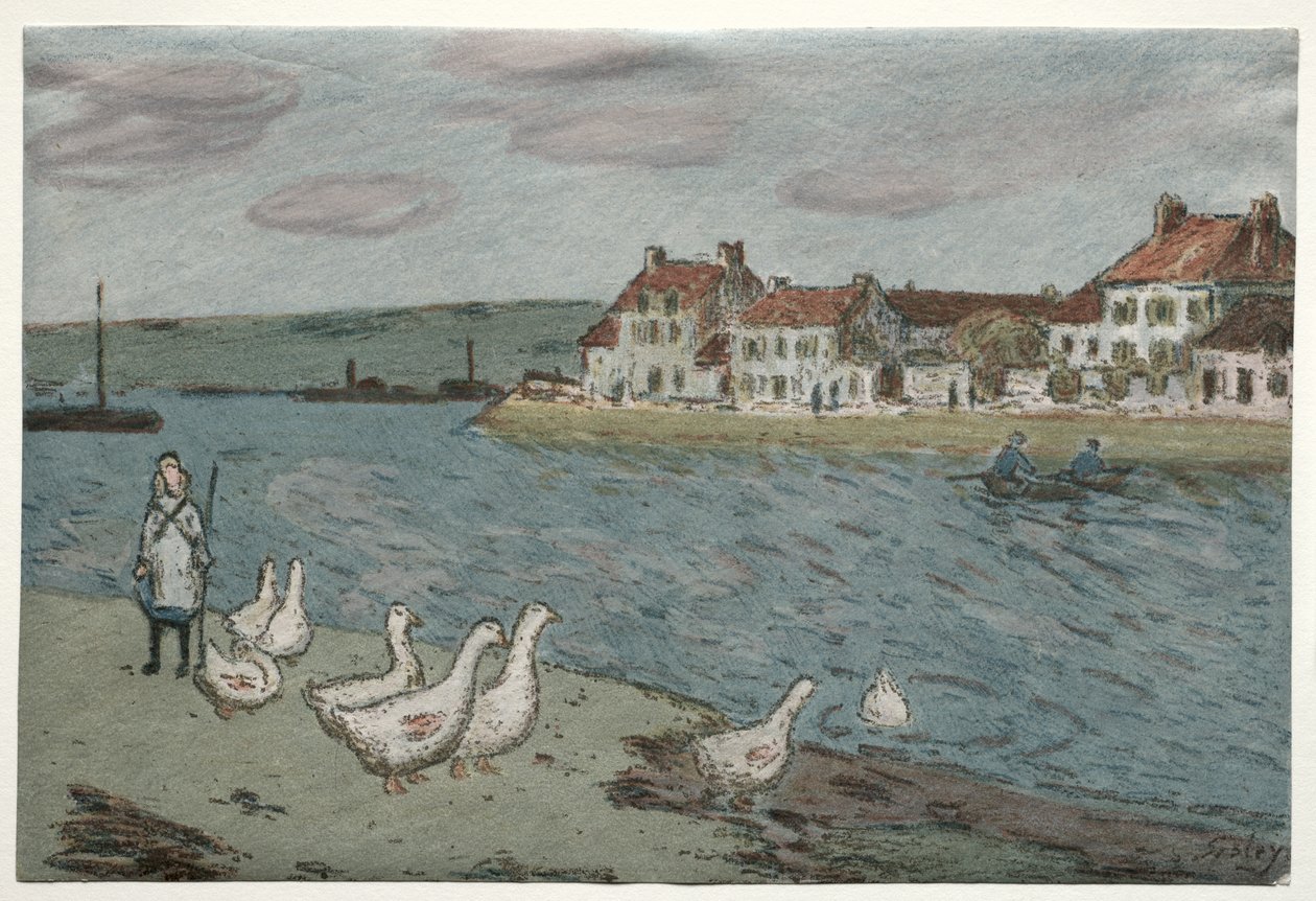 Flodbredden eller gæs af Alfred Sisley