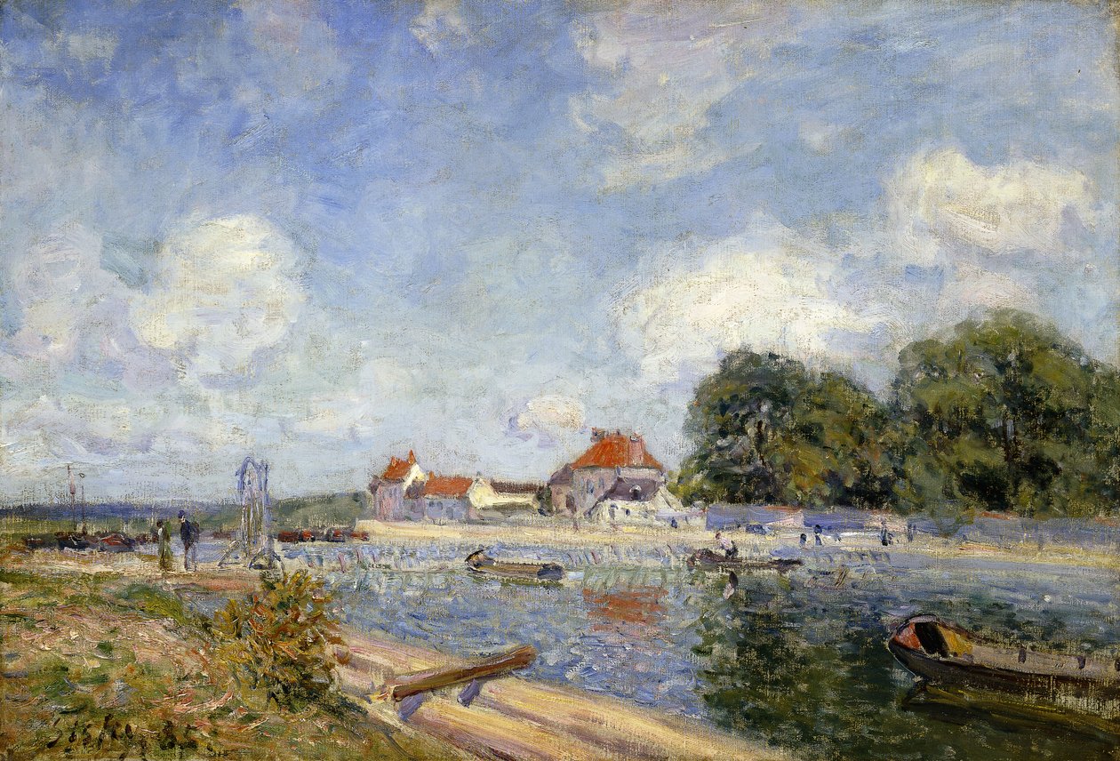Stammen på Loing ved Saint-Mammes; Le Barrage du Loing a Saint-Mammes, 1885 af Alfred Sisley