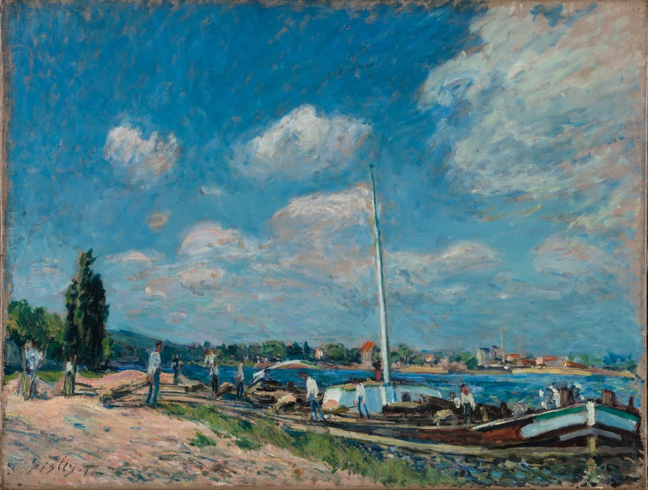 Lossning af pramme ved Billancourt, 1877. af Alfred Sisley