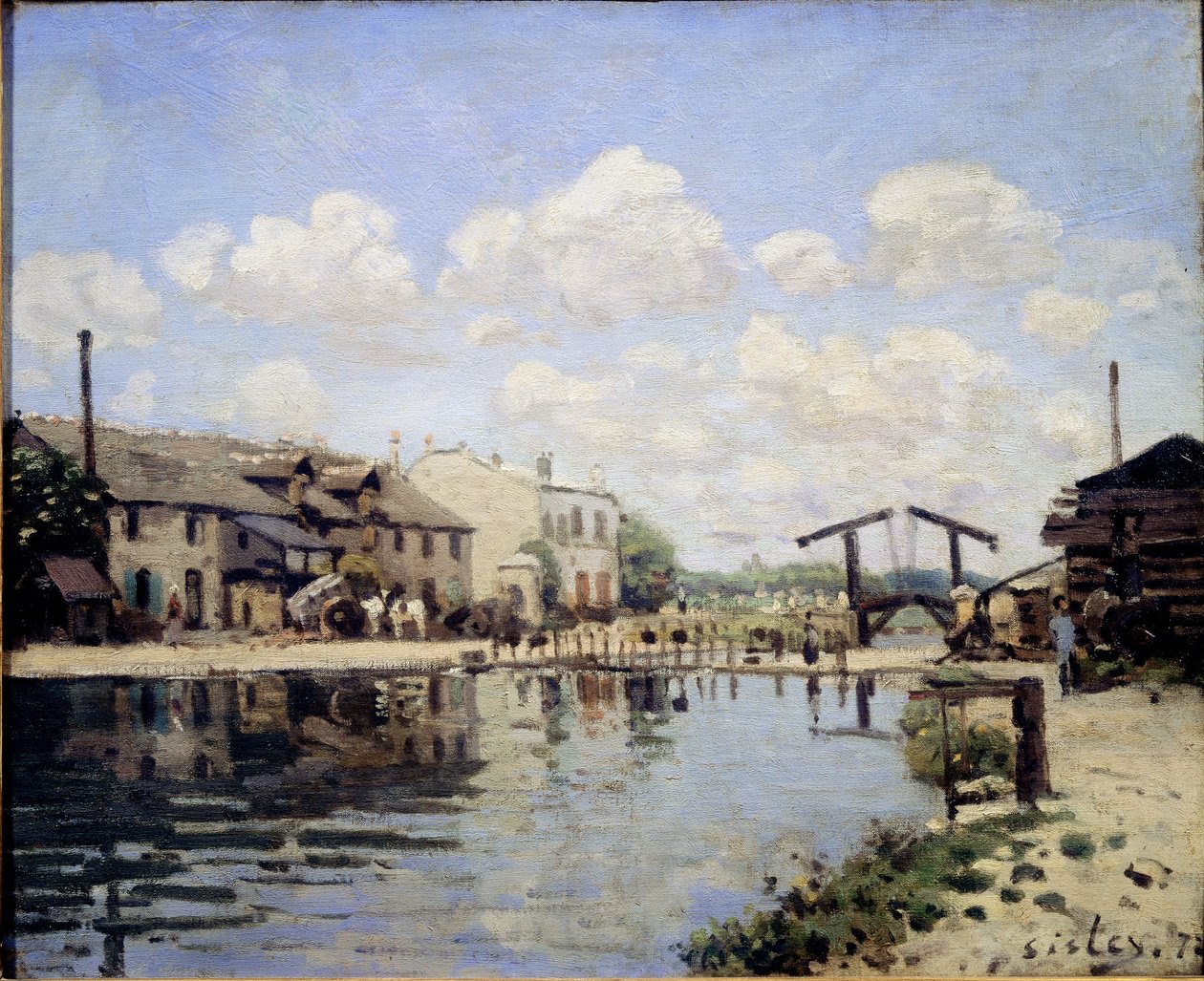 Udsigt over St. Martin-kanalen i 1872. Udsigt over slusen - olie på lærred af Alfred Sisley