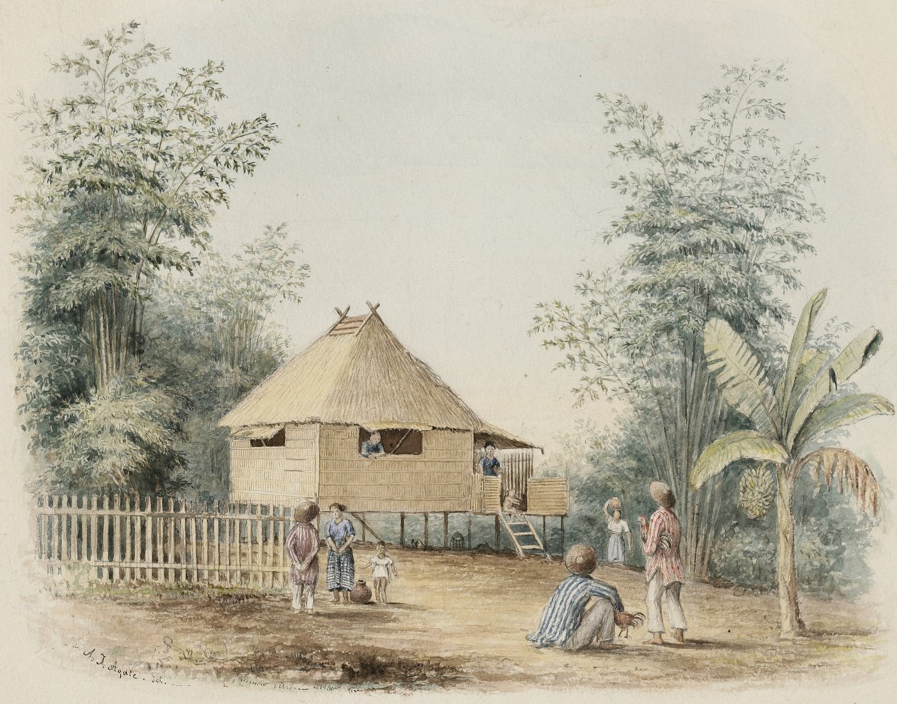 Native House Near Manila, 1842 (wc med et strejf af pen og blæk på cremevævet papir) af Alfred Thomas Agate