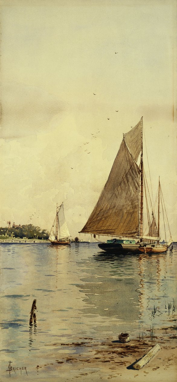 Tørring af sejl, østersbåde, Patchogue, Long Island, af Alfred Thompson Bricher