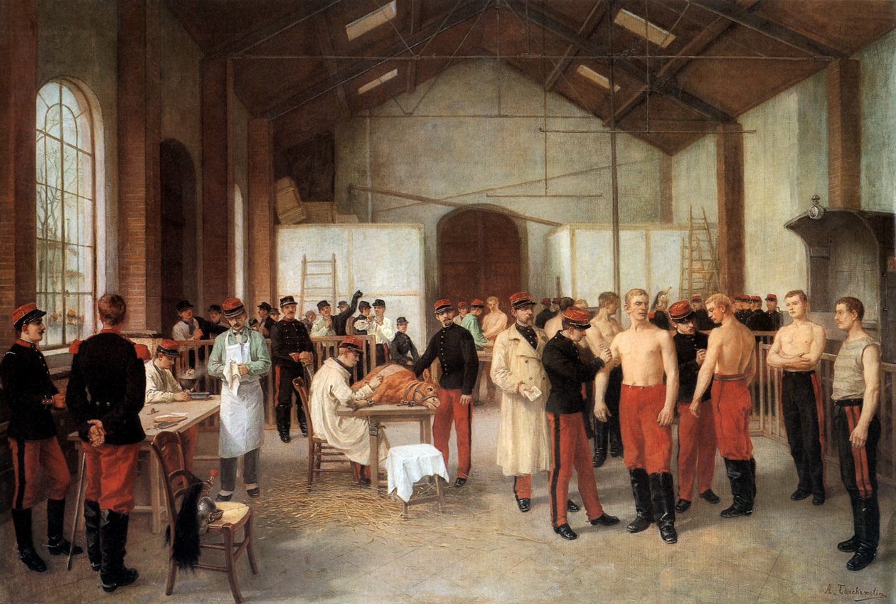 Vaccination af franske officerer session på Val de Grace hospital i Paris i ca. 1900 (olie på lærred) af Alfred Touchemolin