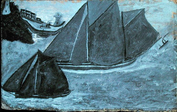 Både ud for havnen (olie på kort lagt ombord) af Alfred Wallis