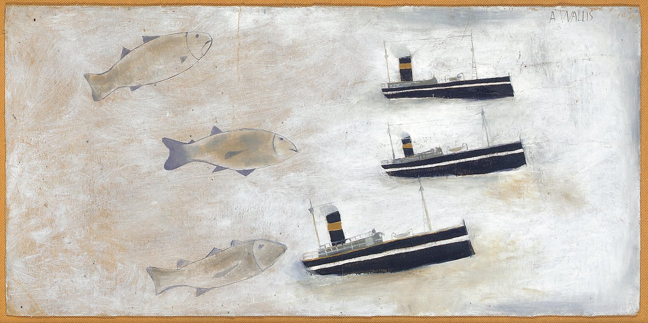 Fisk og trawlere (blyant og olie på kort) af Alfred Wallis