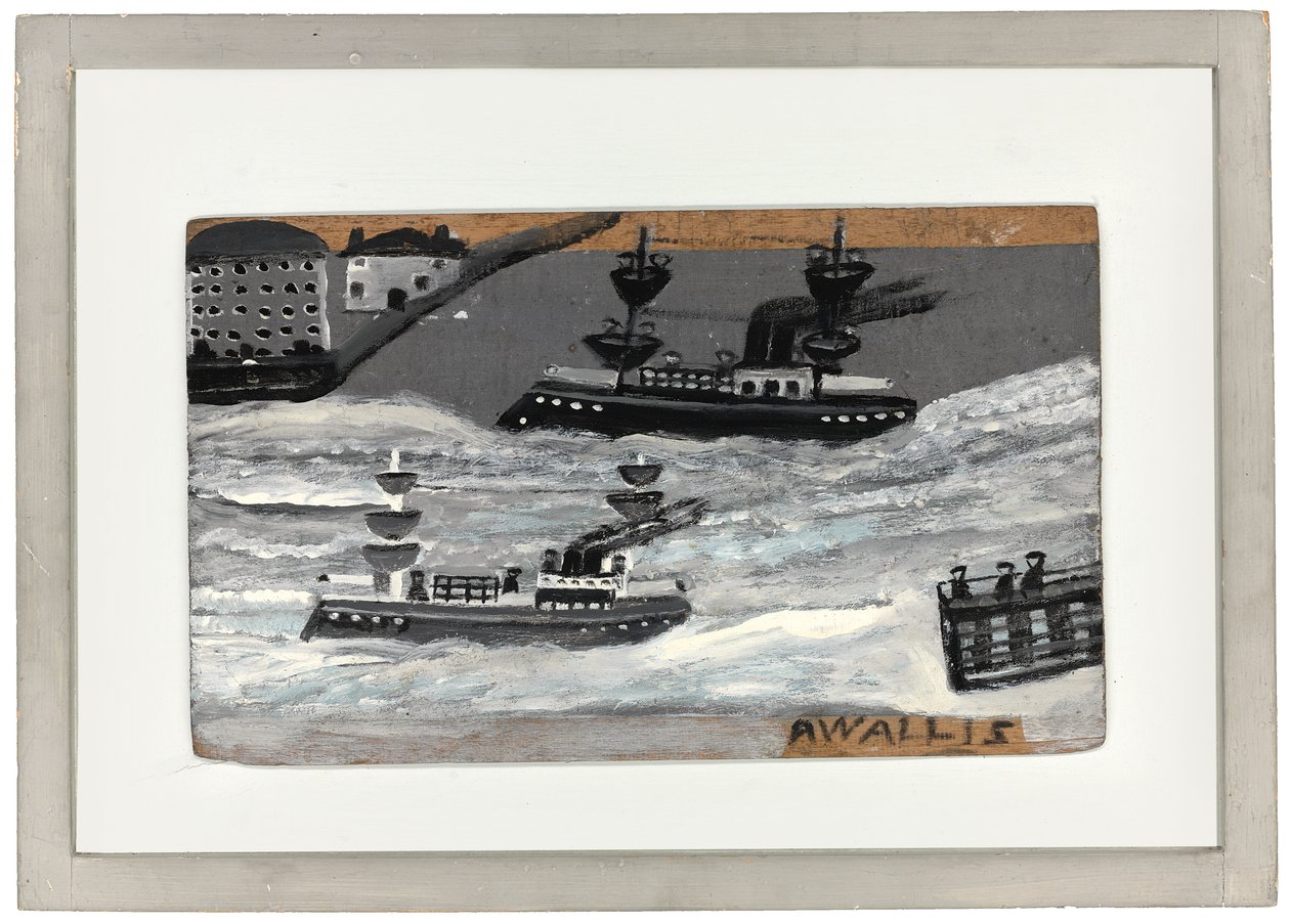 Kanonbåde i krigstid (olie på panel) (se også 1074078) af Alfred Wallis