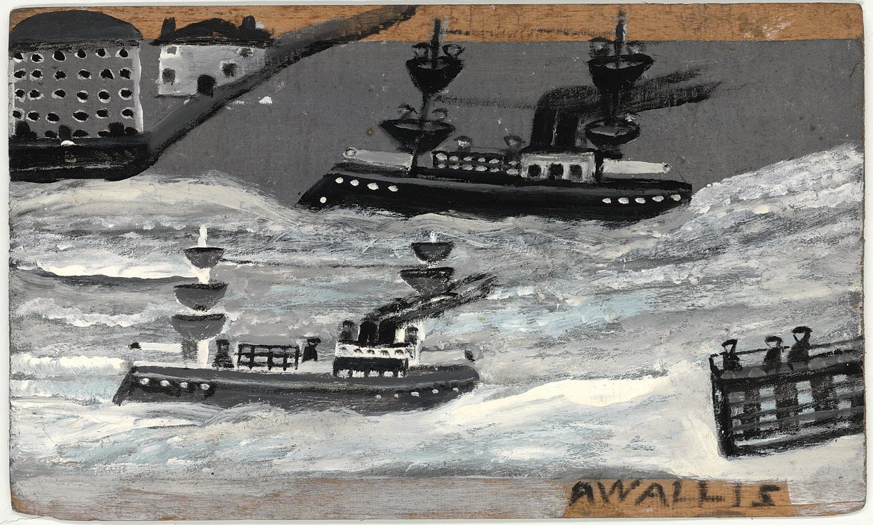 Kanonbåde i krigstid (olie på panel) (se også 1074079) af Alfred Wallis