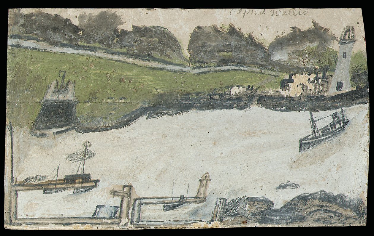 Havnescene med slot og fyrtårn (blyant og olie på kort) af Alfred Wallis