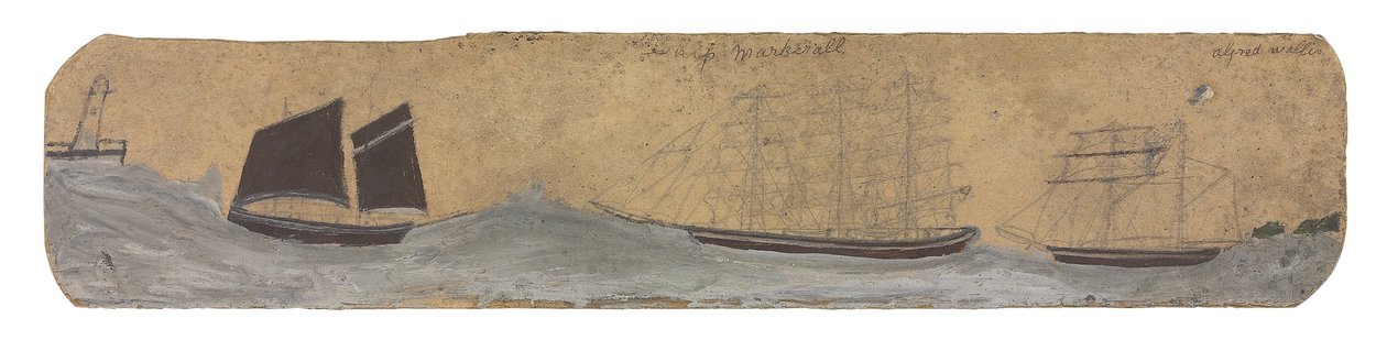 Lugger og to små sejlskibe nærmer sig havn, ca. 1855-1942 (olie  blyant på kort) af Alfred Wallis
