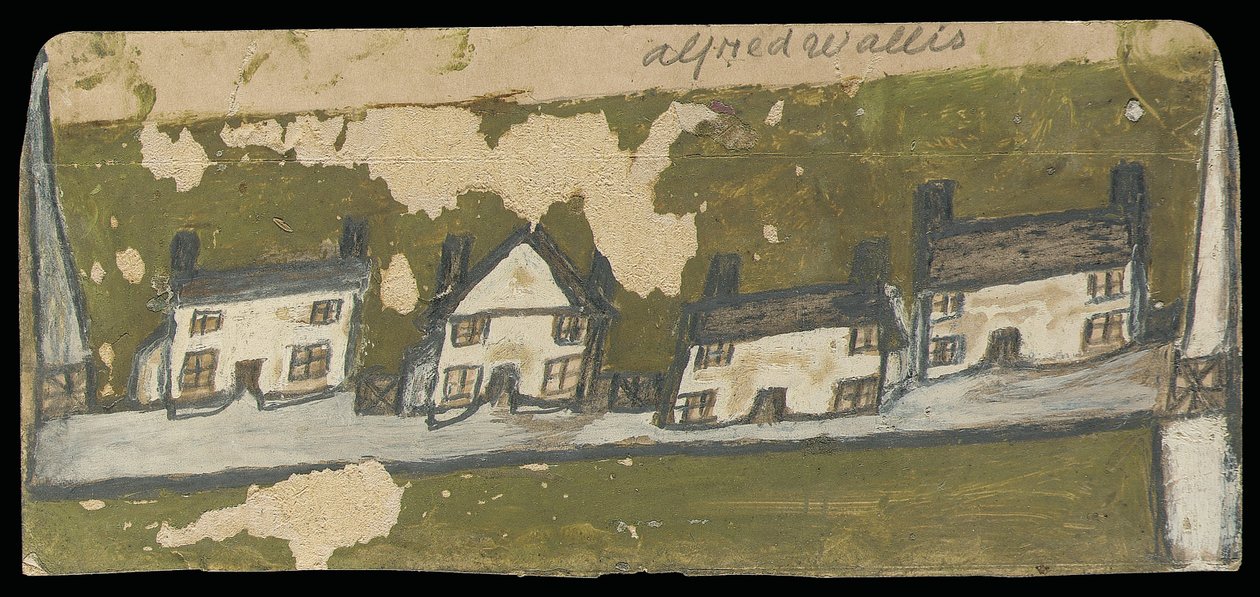 Række med fire hytter (olie og blyant på kort) af Alfred Wallis