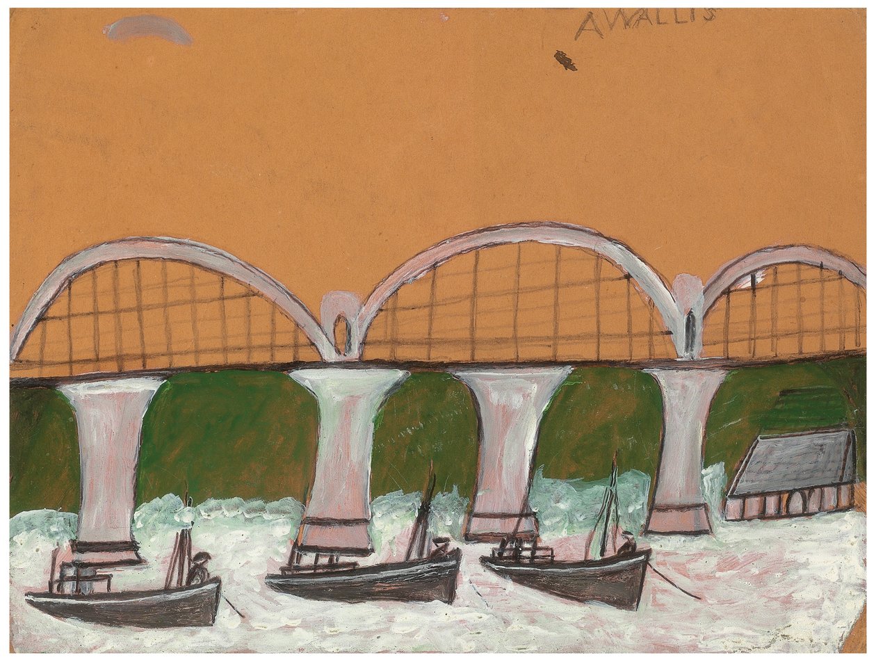 Saltash Bridge (blyant og olie på kort) af Alfred Wallis