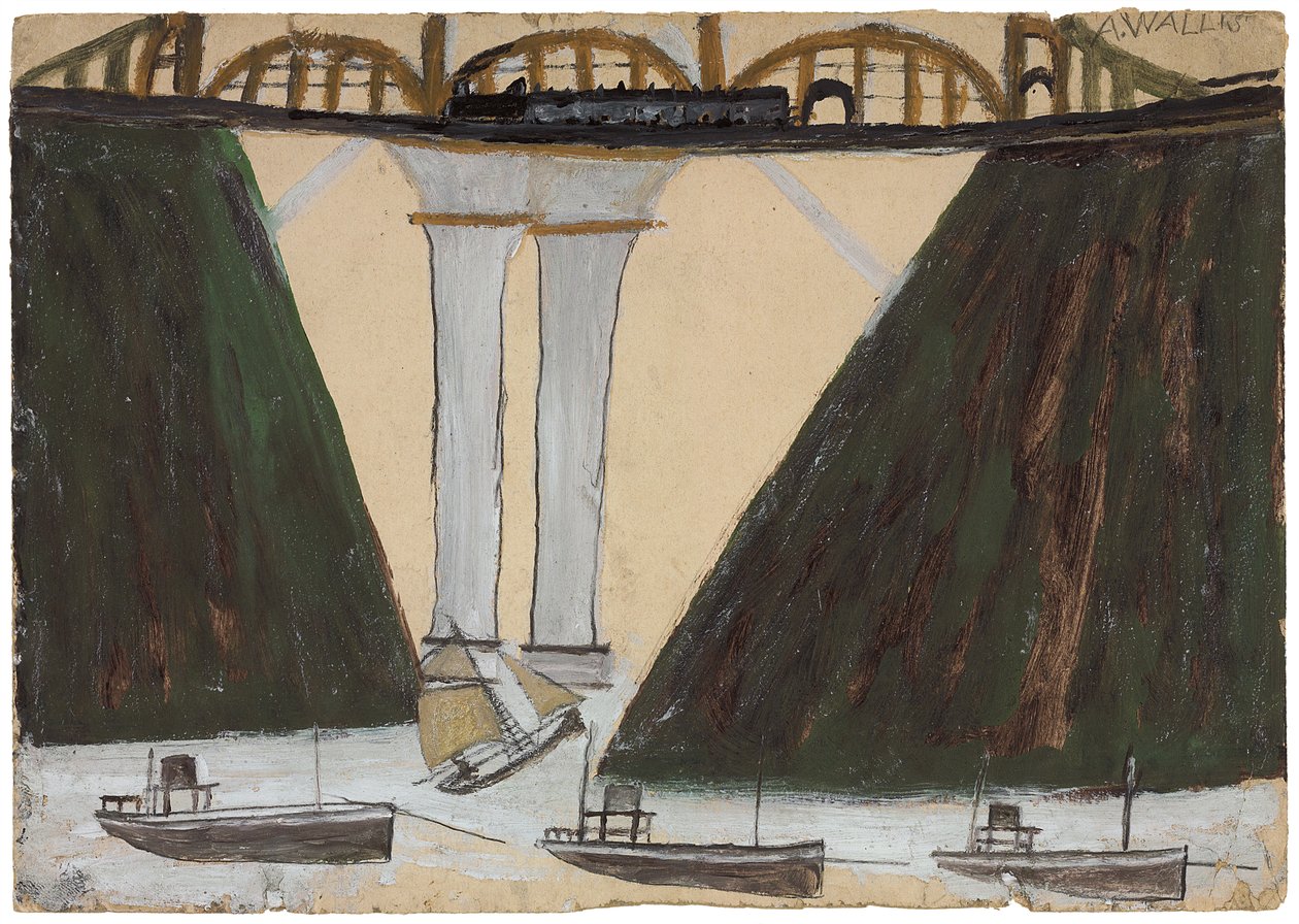 Saltash Bridge, ca. 1930 (blyant og olie på kort) af Alfred Wallis