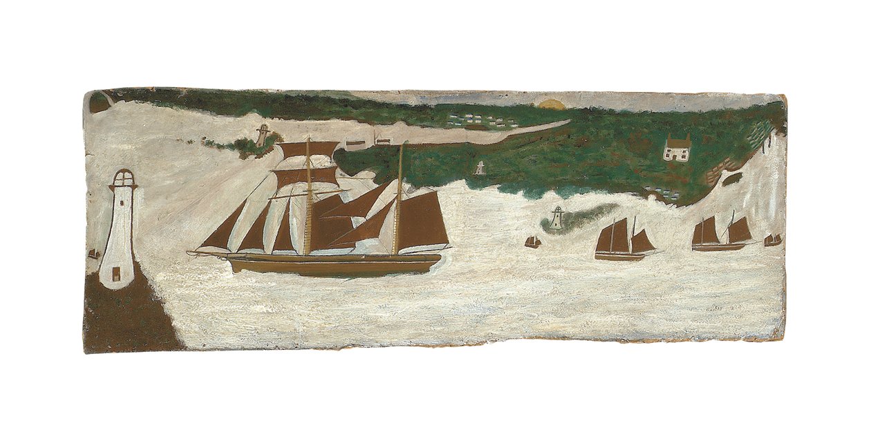 Skonnert passerer et fyrtårn, ca. 1855-1942 (olie på plade) af Alfred Wallis