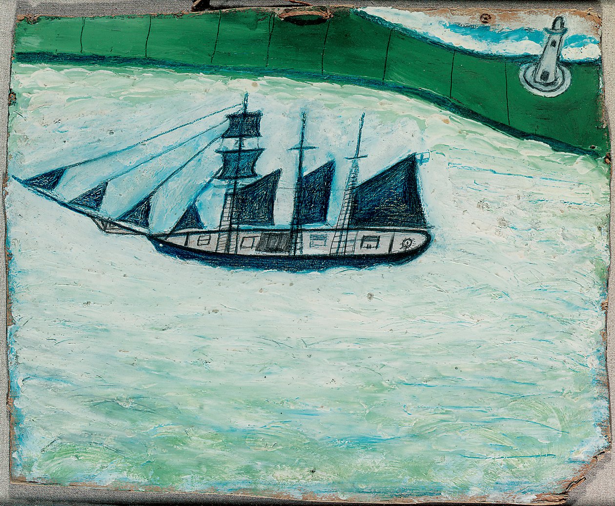 Skib og fyrtårn, ca. 1925 (olie om bord) af Alfred Wallis