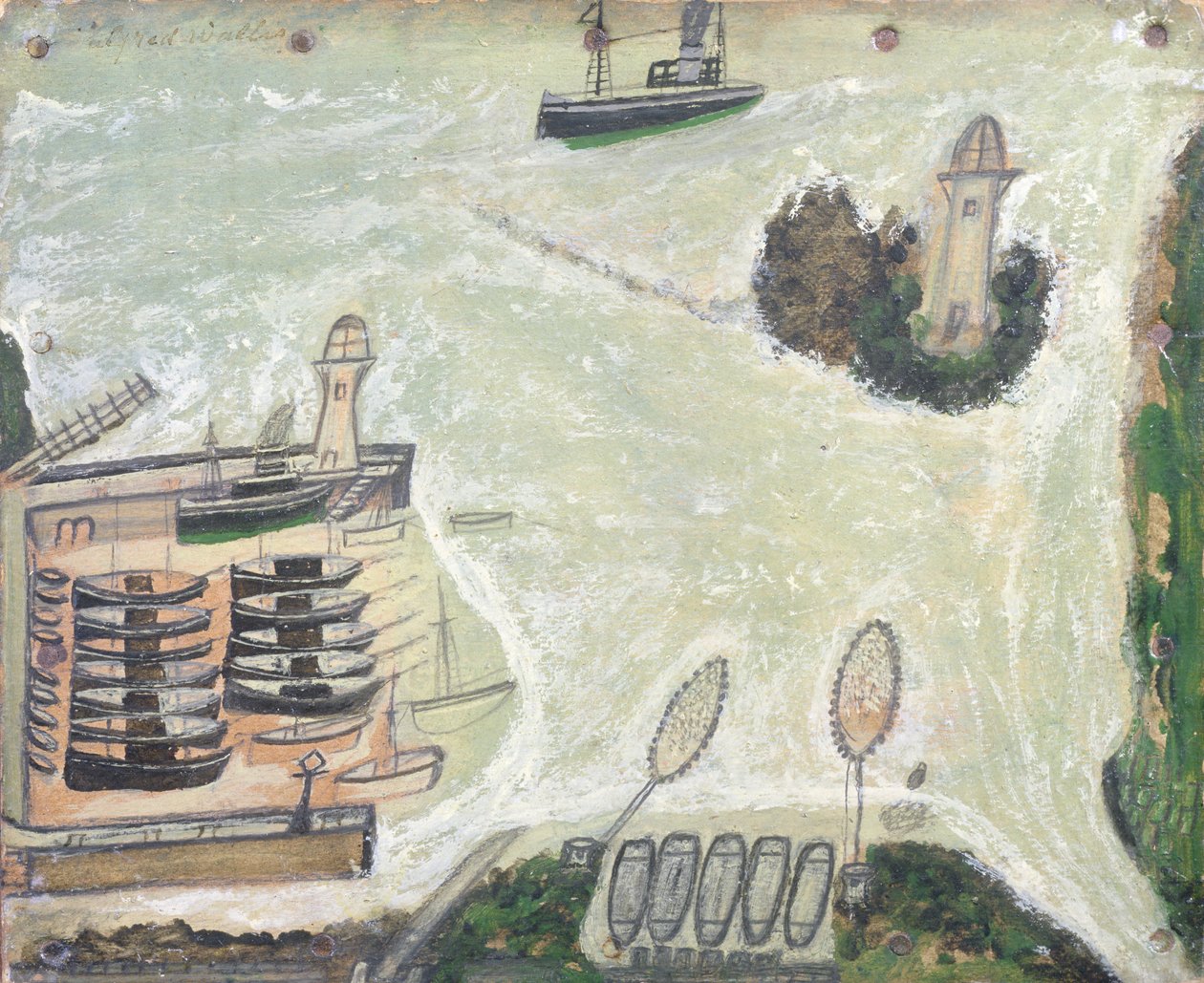 St. Ives Havn og Godrevy Fyrtårn, ca. 1930 af Alfred Wallis