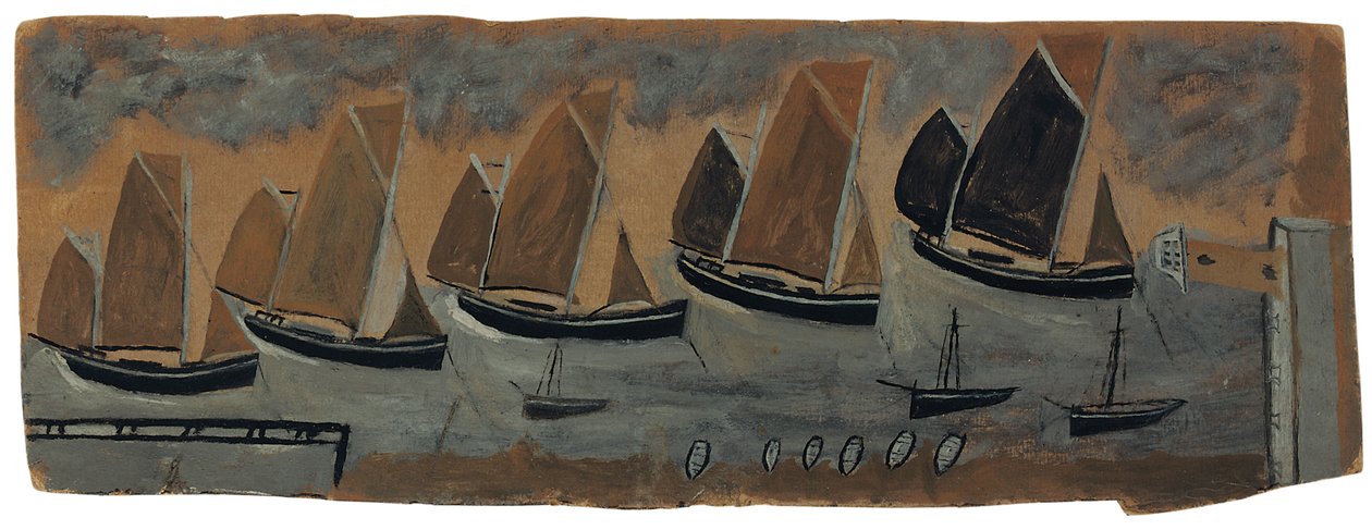St. Ives Havn med fem sejlbåde (olie og blyant ombord) af Alfred Wallis