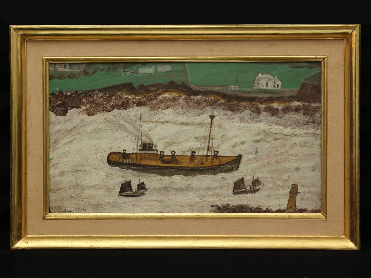 Tre både mellem fyrtårn og kyst, ca. 1930 (olie på kort) af Alfred Wallis