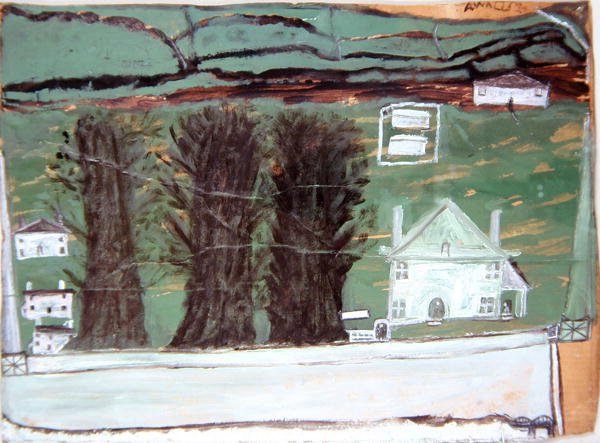 Tre træer, Det Hvide Hus i et Landskab (olie på pap) af Alfred Wallis