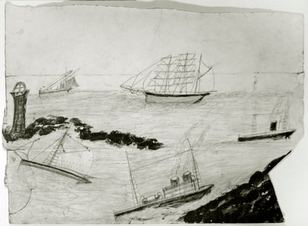 Tre sejlskibe, to dampskibe og Godrevy Lighthouse, ca. 1935-38 (olie og blyant på kort) af Alfred Wallis