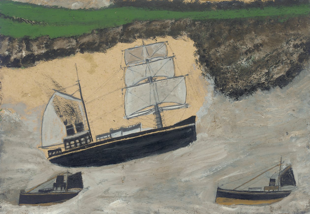 Tre dampere (olie og blyant om bord) af Alfred Wallis