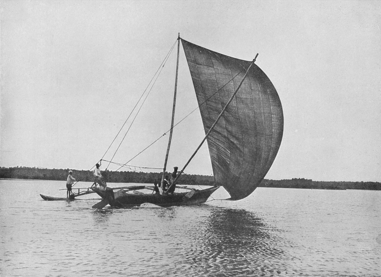 Udriggerkano i fuld sejl på Negombo-søen, c1890, 1910 af Alfred William Amandus Plate