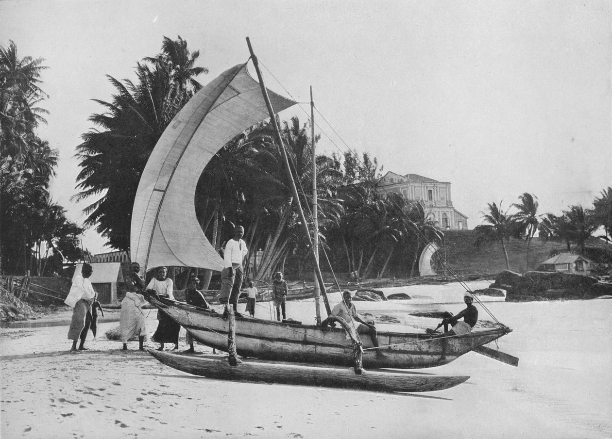 Outrigger fiskekano ved Mount Lavinia Sea Shore, c1890, 1910 af Alfred William Amandus Plate