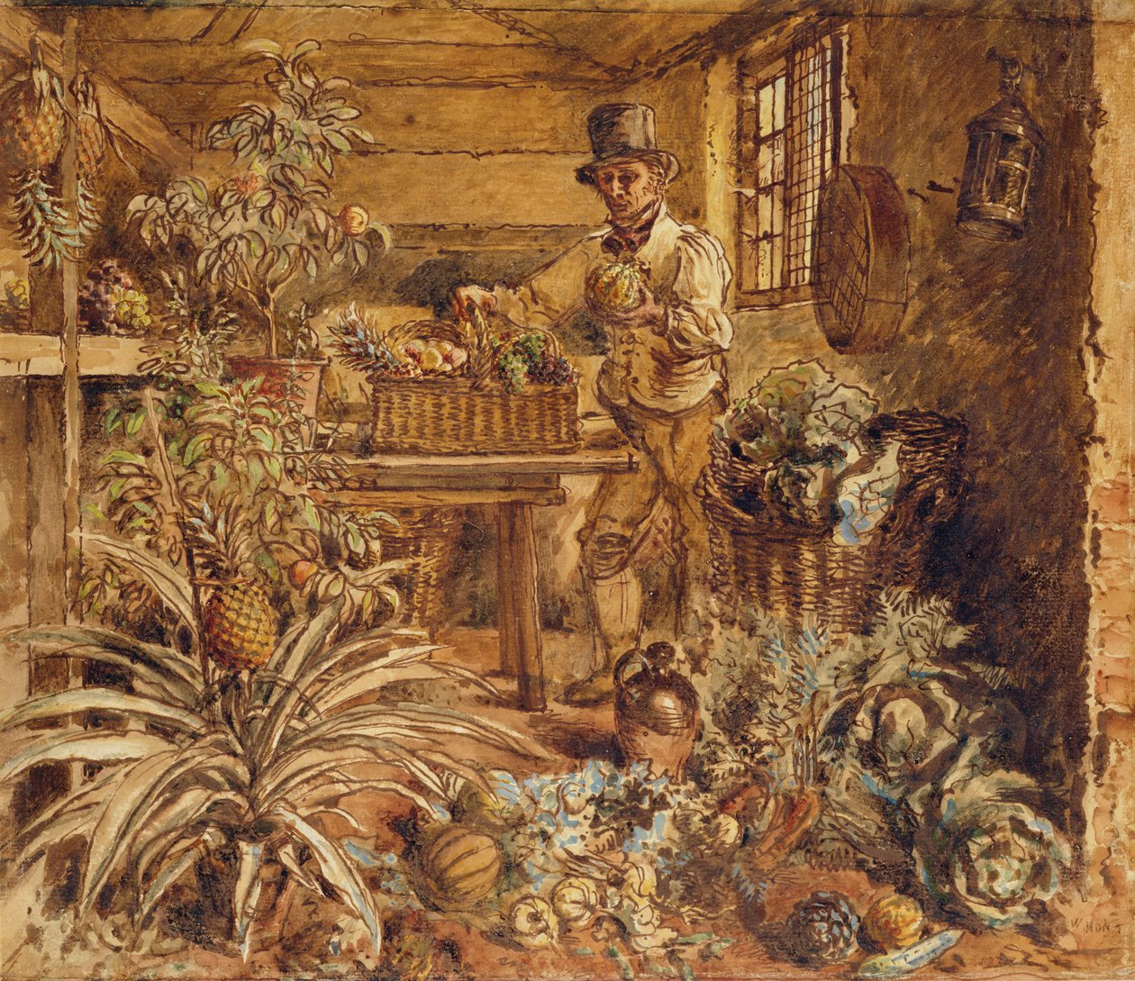 En gartner i et potteskur med ananas og forskellige grøntsager (pen, blæk og wc på papir) af Alfred William Hunt