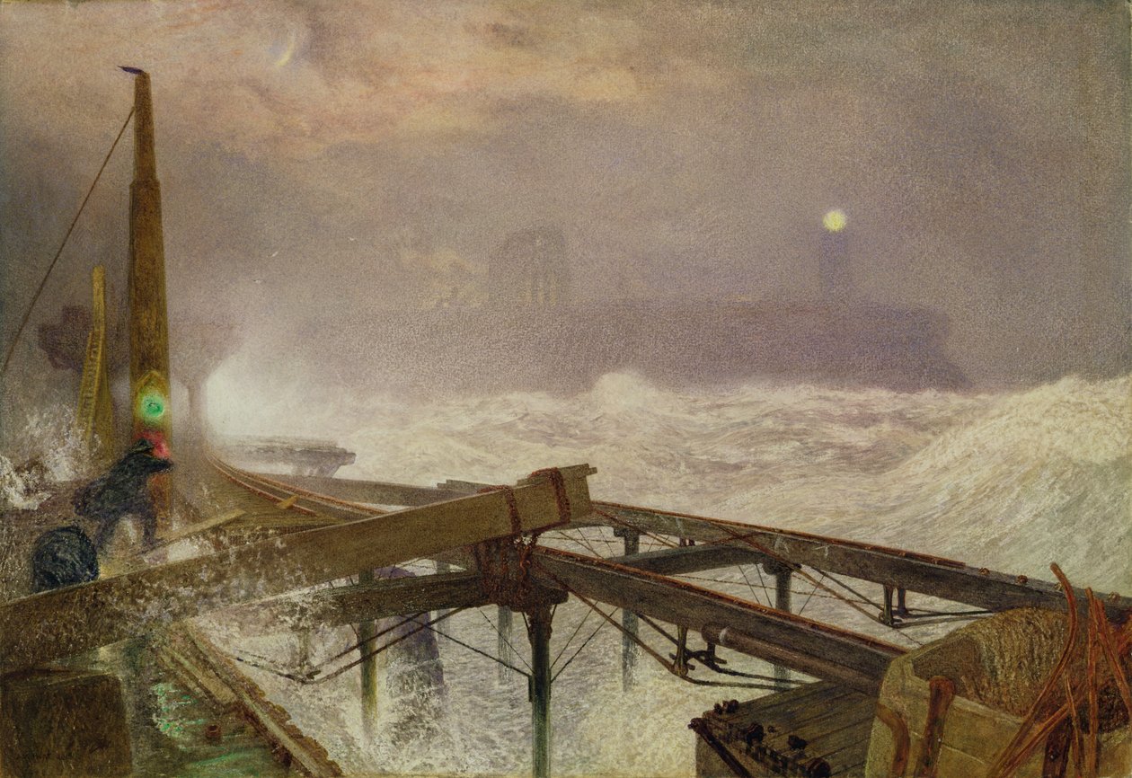 Blue Lights, Teignmouth Pier - Lighting the Lamps at Sunset, 1868 (wc, kropsfarve og ridser ud på papir) af Alfred William Hunt