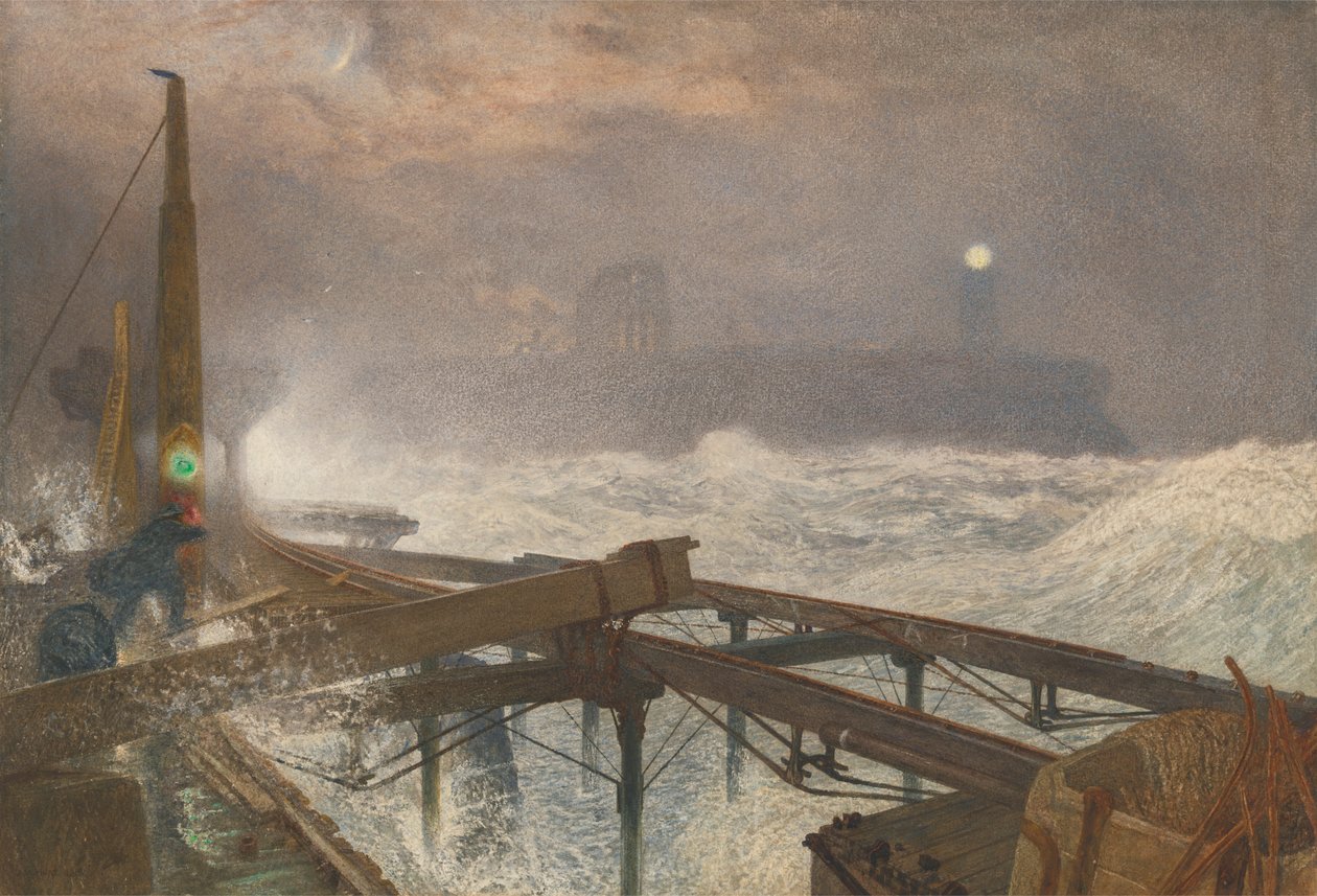 Tynemouth Pier - tænder lamperne ved solnedgang af Alfred William Hunt